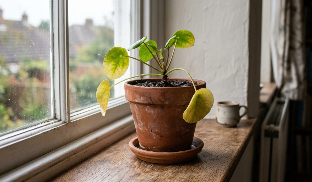 A houseplant with yellowing, drooping leaves in a terracotta pot on a real home windowsill — the problem the Houseplant Confidence System is built to solve